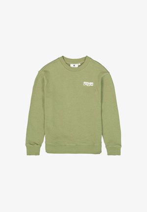 Grüner Sweatshirt aus Baumwolle mit rundem Ausschnitt, langen Ärmeln und kleinem weißem Logo auf der linken Brust. Glatte Textur.