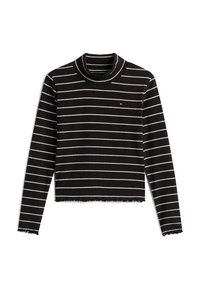 Sort ribbet turtle neck top med hvide vandrette striber, crop design og flæset kant. Lille logo accent på venstre bryst.