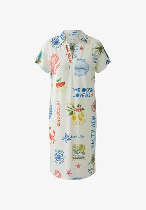 Weißes kurzärmeliges Kleid mit Kragen, verziert mit bunten sommerlichen Motiven wie Palmen, Zitronen, Hummer, Krebs und Textphrasen.