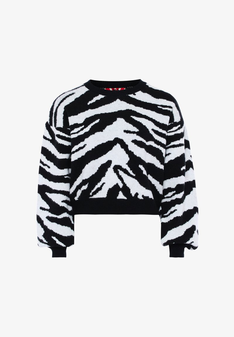 Pulover scurt cu un model de zebră în alb și negru, realizat dintr-un material moale de tricot, cu manșete și tiv cu nervuri.