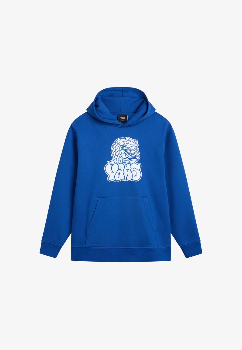 Sudadera azul con un bolsillo frontal, que presenta un gráfico blanco de una serpiente y texto estilizado. Está hecha de un material de algodón suave.