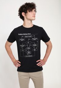 Černé bavlněné tričko se vzorem bílého tokového diagramu s humornými kroky pro řešení problémů. Krátké rukávy a kulatý výstřih. Volný střih.