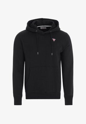 Crna dukserica s kapuljačom i prednjim džepom, s malim crvenim trouglastim logotipom na prsima. Napravljena od mekog materijala, ležernog kroja.