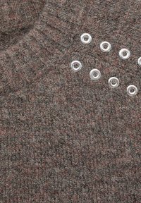 Strickpullover in einem gedämpften Braunton, mit strukturiertem Stoff und mehreren metallischen Ösen entlang des Ausschnitts zur Akzentuierung.