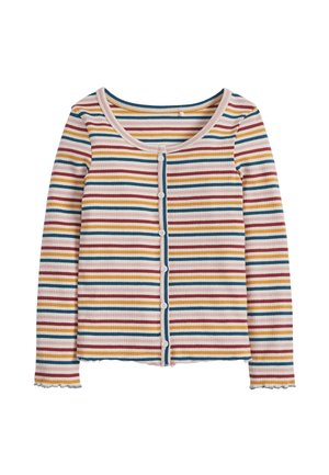 Cardigan med lange ærmer i ribstrik med rund halsudskæring, hvide knapper og vandrette striber i sennep, rust, blå og cremefarver.