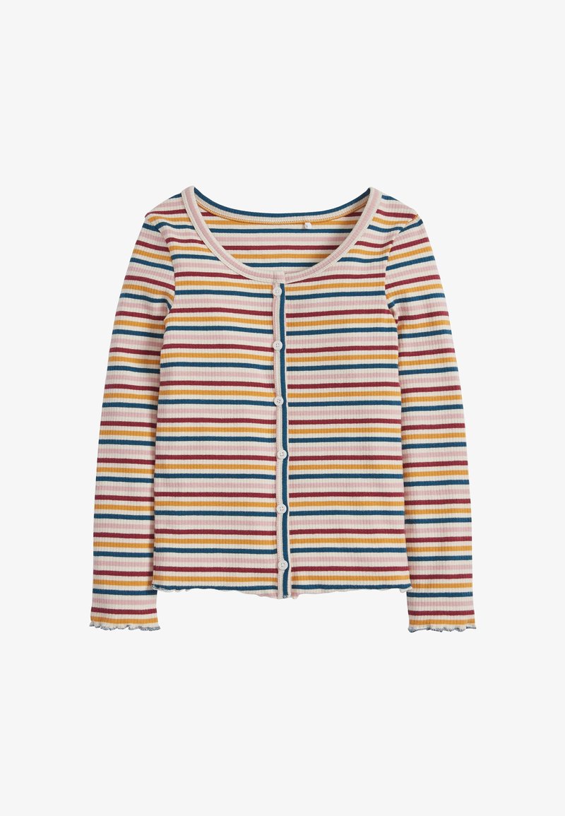 Cardigan à manches longues en maille côtelée avec col rond, boutons blancs et rayures horizontales aux couleurs moutarde, rouille, bleu et crème.