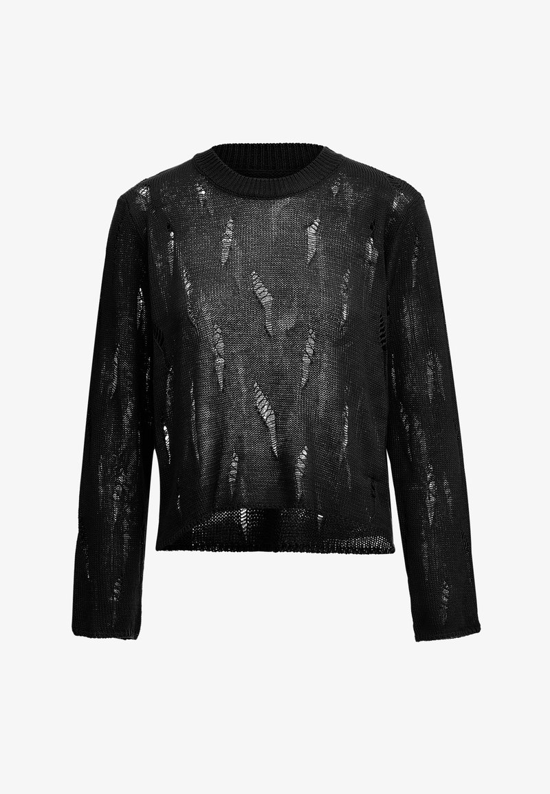 Schwarzer Strickpullover mit lockerer, kurzer Passform. Verfügt über ein strukturiertes Muster mit Ausschnitt-Designs, langen Ärmeln und Rundhalsausschnitt.