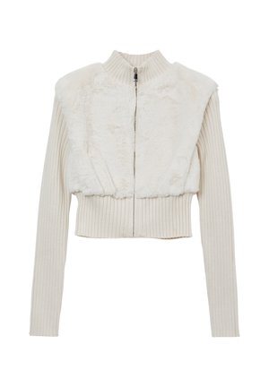 Gekürzte, taillierte Jacke in Creme mit gerippten langen Ärmeln. Der Oberkörper ist mit weichem Kunstfell versehen, das dem Design Textur verleiht.
