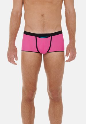 Men's fitted boxers in bright pink with a black waistband. Features a blue accent detail on the front. Smooth, stretchy fabric.