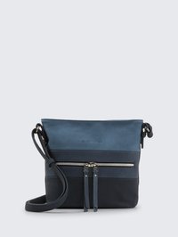 Borsa a tracolla in pelle blu e navy con finitura testurizzata, dotata di una tasca anteriore con zip, tracolla regolabile e dettagli in metallo smaltato argentato.