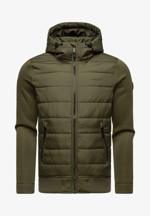 Chaqueta acolchada verde oliva con cierre de cremallera en la parte delantera, puños elásticos y capucha. Presenta mangas de punto y bolsillos laterales. Diseño texturizado e insulated.