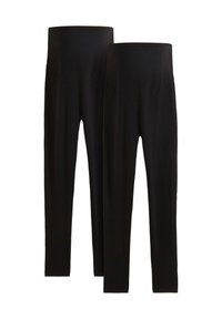 Deux paires de leggings noirs en tissu doux et extensible. Ils présentent une taille haute et un design épuré et ajusté.