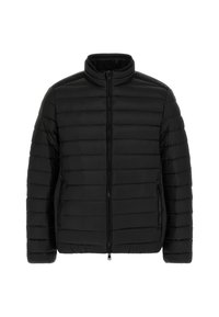 Juodas pūkinis švarkas su aukštu apykakle, horizontalios quilted konstrukcijos, priekinio užtrauktuko uždarymu ir dviem šoninėmis kišenėmis. Lygus, lengvas audinys.
