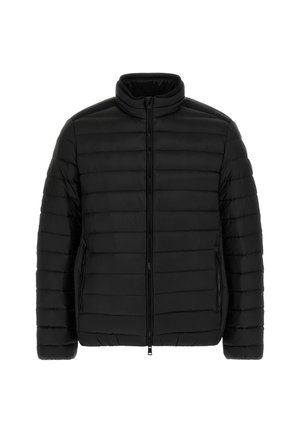 Czarna pikowana kurtka z wysokim kołnierzem, z poziomym przeszyciem, zamkiem błyskawicznym i dwoma bocznymi kieszeniami. Gładka, lekka tekstura.