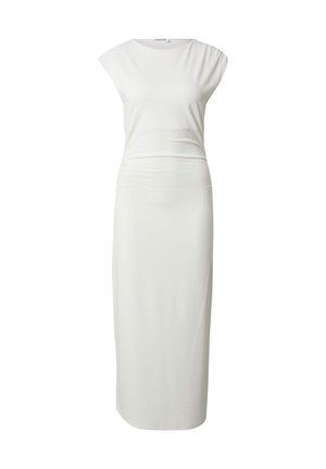 Witte, getailleerde jurk met een hoge halslijn en kapmouwen. Gladde textuur met een geplooide detail bij de taille, rechte rok.