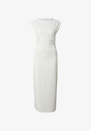 White, form-fitting dress with a high neckline and cap sleeves. Smooth texture with a gathered detail at the waist, straight skirt.