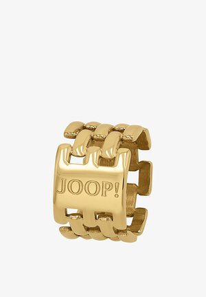 Złoty pierścionek o plecionym wzorze, z gładką powierzchnią z tłoczeniem "JOOP!" oraz gładkimi, wypolerowanymi akcentami.