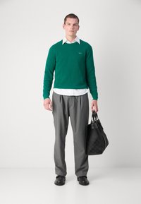 Pulover verde peste o cămașă albă, pantaloni gri și o geantă neagră de mână. Diverse texturi, cu un finisaj neted pe geantă și detalii tricotate pe pulover.