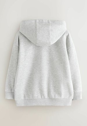 Felpa con cappuccio grigio chiaro con maniche lunghe, polsini e orlo a coste, mostrata da dietro su uno sfondo semplice.