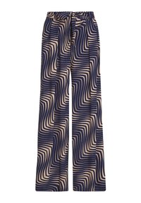 Navyblauwe wijde broek met een beige golfpatroon, een elastische tailleband en een zachte stoftextuur.
