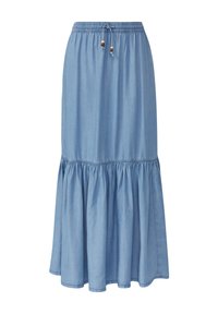 Gonna in denim blu chiaro con design a campana, caratterizzata da una vita elasticizzata e un cordoncino con dettagli in legno.