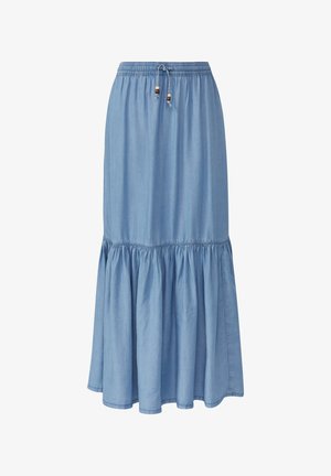 Lichtblauwe spijkerrok met een uitlopende ontwerp, voorzien van een elastische tailleband en een koord met houten kralen accenten.
