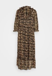 Robe longue, noire avec un tissu à motifs marron et beige, dotée d'un col et de manches volantés, ainsi que d'un ourlet évasé. Matière légère et transparente.