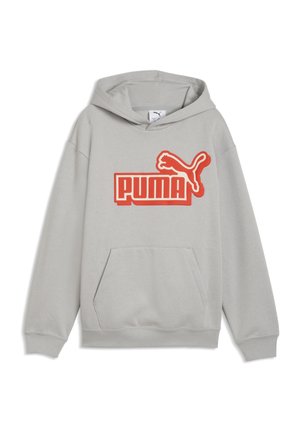 Sweat à capuche gris clair avec poche avant et grand logo Puma rouge représentant un puma sautant et texte en gras sur la poitrine.