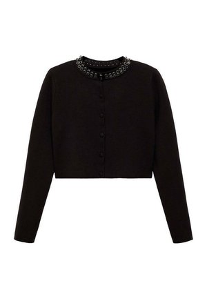 Cardigan corto nero con maniche lunghe, scollatura rotonda e dettagli decorativi con borchie sul colletto. Chiusura frontale con bottoni.