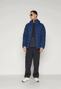 Blue puffer jacket with quilted design and high collar, paired with dark pants and light sneakers. Model wearing sunglasses.