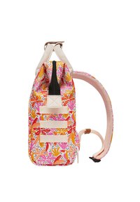 Colorful backpack in bright pink, orange, and yellow floral pattern. Features a top zipper, side straps, and a single adjustable shoulder strap.