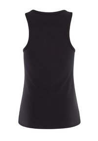 Black sleeveless tank top made from smooth, stretchable fabric. Features a round neckline and a fitted silhouette with no patterns.