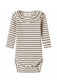 Body a maniche lunghe color crema con strisce orizzontali bordeaux, texture a coste, scollo arricciato e chiusura sul fondo con bottoni a pressione.