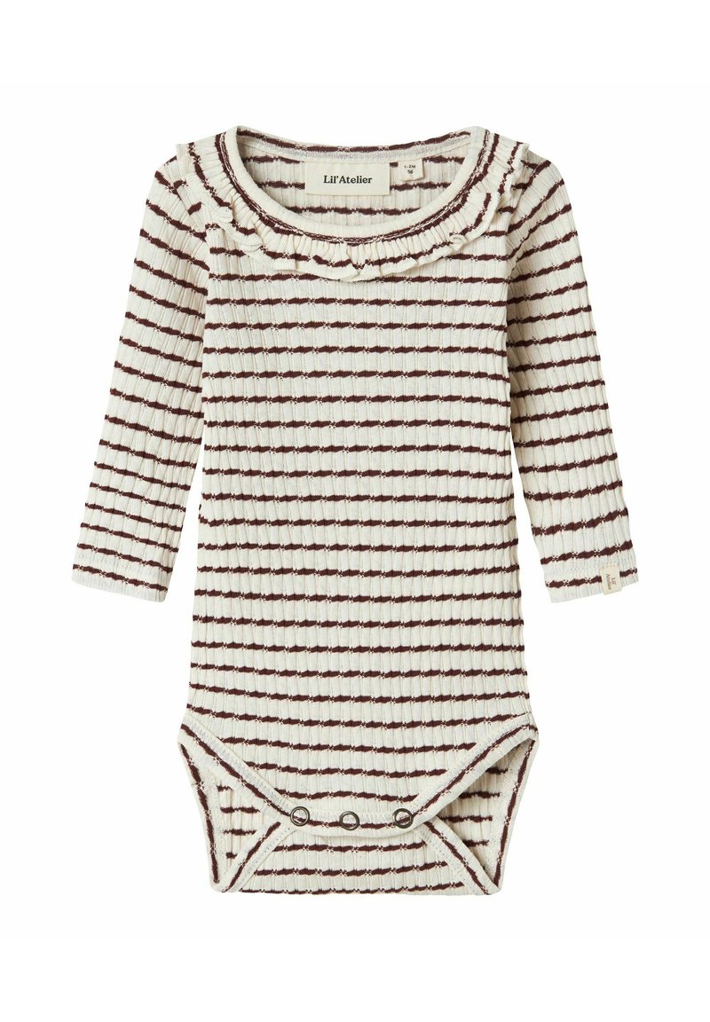 Body a maniche lunghe color crema con strisce orizzontali bordeaux, texture a coste, scollo arricciato e chiusura sul fondo con bottoni a pressione.