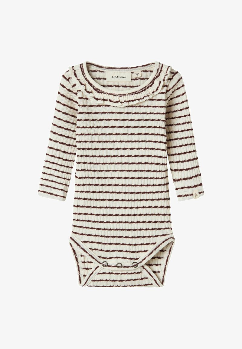 Kremni dolg rokav bodi z maroon vodoravnimi črtami, rebrasto teksturo, nabranim izrezom in spodnjimi pritisnimi zapenjanji.