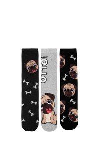 Tre paia di calzini: neri con ossa bianche, grigi con un grafiche di un carlino e "Otto", neri con facce di carlino e ossa. Materiale morbido in misto cotone.