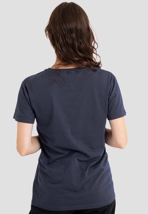 Navy blue cotton t-shirt with a classic crew neckline and short sleeves, featuring a smooth texture and simple, unadorned design.
