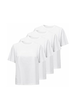 Vier schlichte weiße T-Shirts mit kurzen Ärmeln und Rundhalsausschnitt, ordentlich gestapelt und leicht überlappend auf weißem Hintergrund.