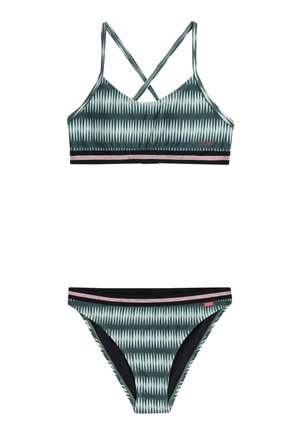 Groene gebloemde bikini set met een top met een crisscross band en een roze en zwarte gestreepte band, en bijpassende low-rise bikini onderkant.