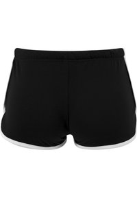 Schwarze Sportshorts mit einem elastischen Bund, kontrastierenden weißen Seitenelementen und einer glatten Textur. Die Rückansicht zeigt ein simples Design.