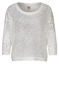 Biały dziany sweter z luźnym, ażurowym wzorem, okrągłym dekoltem i rękawami do połowy przedramienia. Prążkowany dół i mankiety.