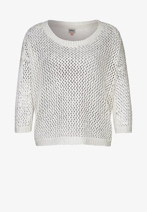 Bílý pletený pulovr s volným, otevřeným síťovaným vzorem, kulatým výstřihem a tříčtvrtečními rukávy. Žebrovaný lem a manžety.