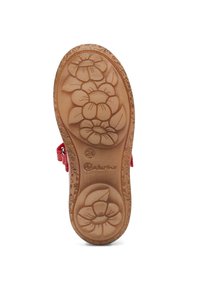 Sandal rosso con suola in gomma texturizzata decorata con un design floreale. Include una fascia regolabile e una soletta imbottita per il massimo comfort.