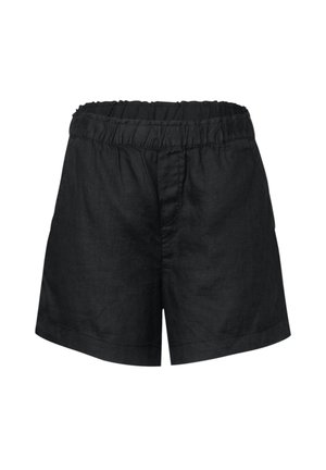 Schwarze Leinenshorts mit elastischem Bund, die eine lockere Passform und eine glatte Textur bieten. Kurze Innennaht und keine sichtbaren Taschen.