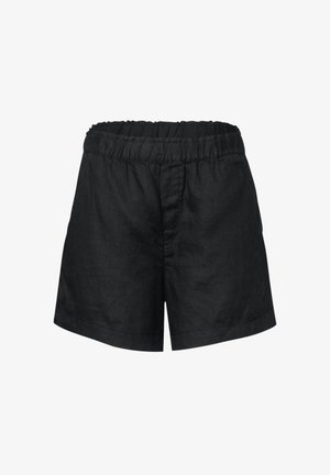 Zwarte linnen shorts met een elastische tailleband, met een ontspannen pasvorm en een gladde textuur. Korte binnenbeenlengte en geen zichtbare zakken.