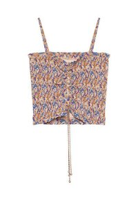 Top corto con estampado floral en tejido ligero; cuenta con tirantes ajustables tipo espagueti y un detalle de cordón en el dobladillo con acentos metálicos.