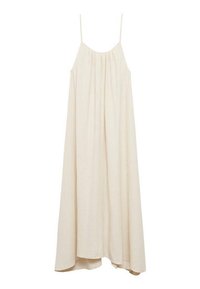 Mekko ilman hihoja, polvimittainen vaalea beige. Ominaisuuksiin kuuluu noolattu bodice, suora hame ja ohuet spagettihihnat. Teksturoitu kangas.