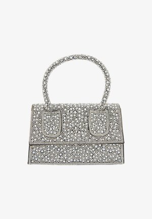 Schwarze Handtasche, verziert mit zahlreichen kleinen, runden Verzierungen, mit einer strukturierten rechteckigen Form und einem geschwungenen Griff.