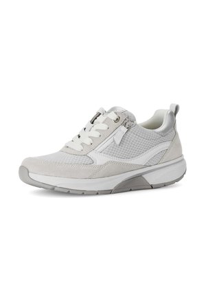 White and light gray athletic sneaker with laces, side zipper, textured fabric, and cushioned sole.