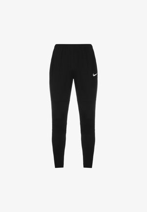 Black athletic pants made of smooth fabric. Features an elastic waistband and a small white Nike swoosh logo on the left thigh.